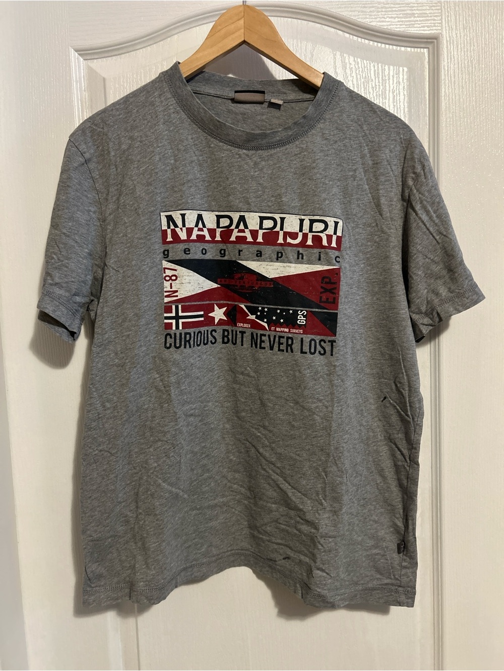 Napapijri Grey Short Sleeve Graphic Logo Tee with Red & Black Accents